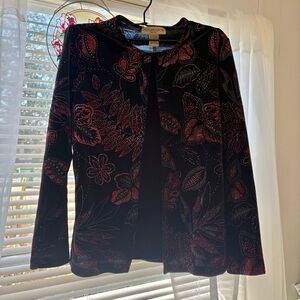Vintage Black & Red Floral Bling Women’s Long Sleeve Faux 2 Piece Cardigan SZ PS